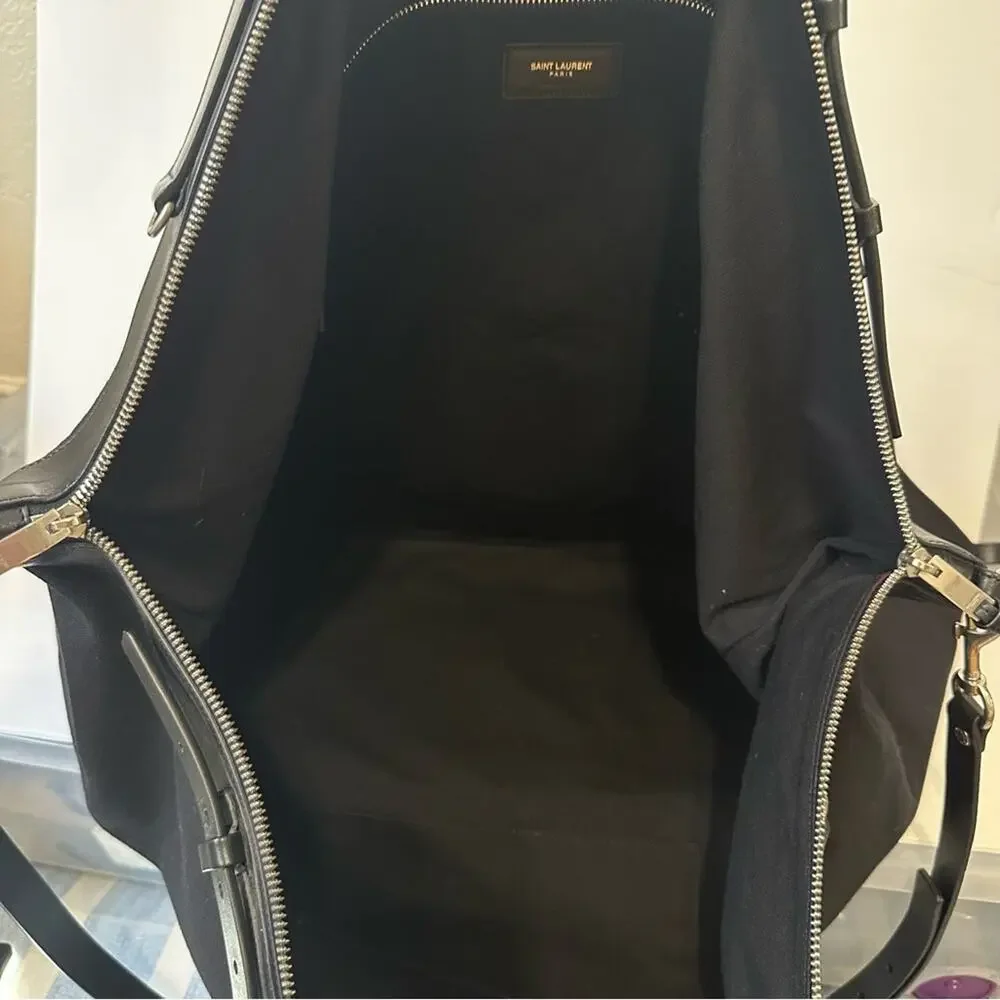 Saint Laurent ID Convertible Travel Duffel Bag Large Black Canvas Leather Trim